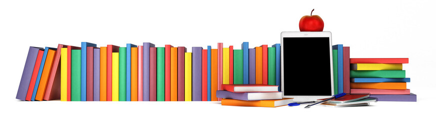 books in a row with the tablet in the foreground, school supplies and an apple -  back to school, isolated on white background
