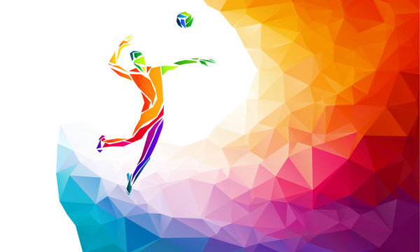Creative silhouette of volleyball player. Team sport vector illustration or banner template in trendy abstract colorful polygon style with rainbow back