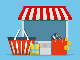 computer shopping bag online store market icon. Flat and Colorfull illustration. Vector graphic