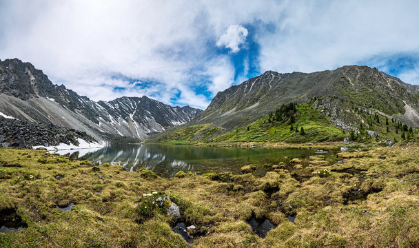 panorama beautiful mountain lake in tunka range