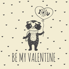 Valentines Day card with illustrated raccoon with heart balloon