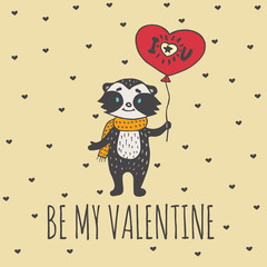 Valentines Day card with illustrated raccoon with heart balloon