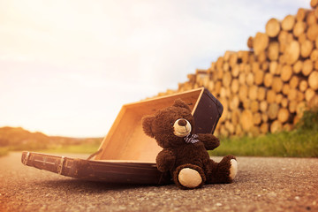 Abandoned, forsaken teddy bear in a vintage luggage suitcase on the asphalt road in the summer sun shine in the nature and beautiful light