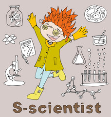 the professions scientist in alphabetical order cartoon hand drawn outline for coloring adult isolated on the  background