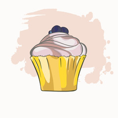 Cartoon cupcake with beige vanilla cream and blueberries on white background with beige brushstrokes. Hand drawn vector illustration.