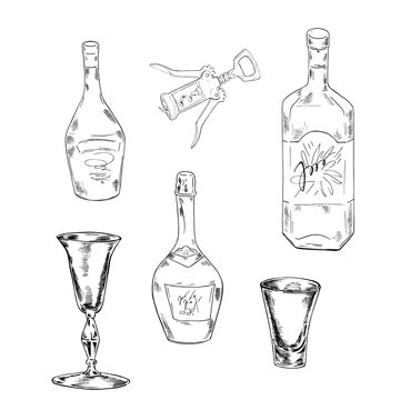 Set of bottles and glasses. Cartoon ink sketch. Hand drawn vector illustration.
