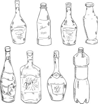 Set of bottles drawn by ink. Hand drawn vector illustration.
