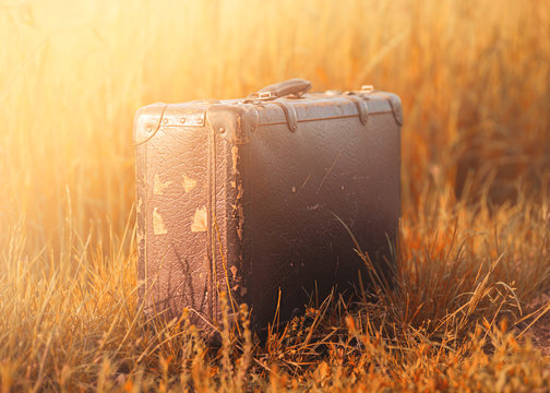 Forsaken abandoned old vintage luggage suitcase on the field summer sun light