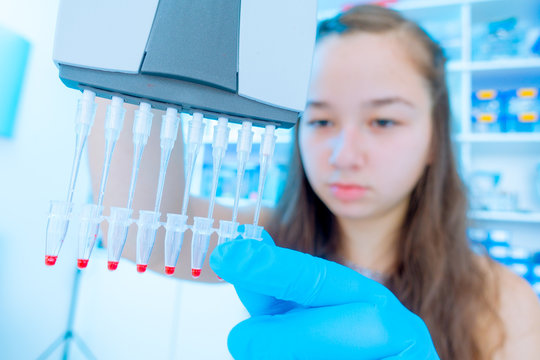 Young female scientist loads samples for DNA amplification by PCR