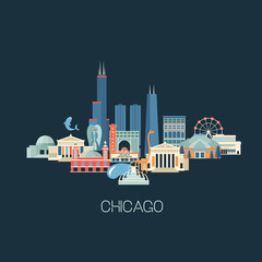 Vector illustration of Chicago skyline with famous landmarks. Greeting card or poster with historical buildings, sightseeing and known museums. Flat style. - obrazy, fototapety, plakaty