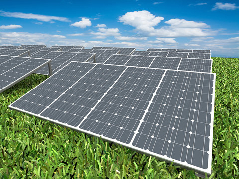 Solar panels on grass with blue sky,3d rendering