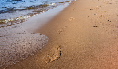 beach, wave and footsteps at sunset time