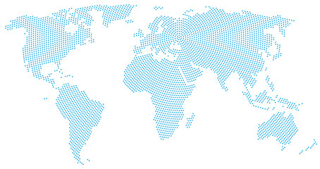 World map radial dot pattern. Blue dots going from the center outwards and form the silhouette of the surface of the Earth under the Robinson projection. llustration on white background.
