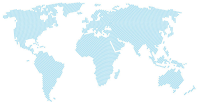 World map radial dot pattern. Blue dots going from the center outwards and form the silhouette of the surface of the Earth under the Robinson projection. llustration on white background.