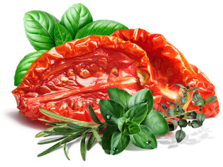 Sundried oiled tomatoes with herbs - obrazy, fototapety, plakaty