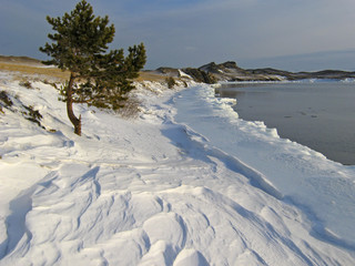 Hadarta cape on Lake Baikal. Maloye more strait. Freeze up. National park Pribaikalskiy.