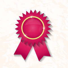 Pink award badge with ribbon. Vector illustration.