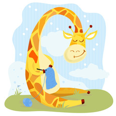 Giraffe with knitting. Clouds and flower. Vector illustration.