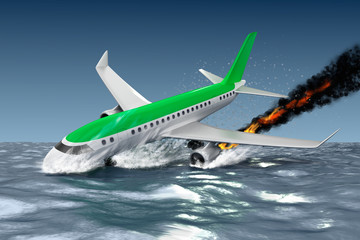 Fototapeta na wymiar Catastrophe - Crash of Passenger plane . 3D illustration. My own plane design.