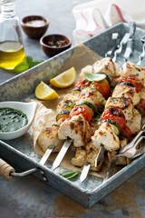 Chicken kabobs on a tray