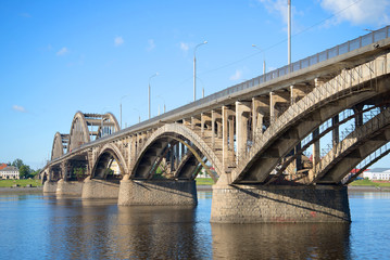 Fototapeta na wymiar The spans of the road bridge across the Volga closeup of a sunny day in july. Rybinsk, Russia