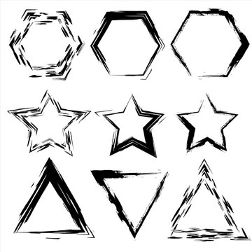 Grunge shapes. Star, triangle, hexagon. Set of Hand Drawn , vector design elements
