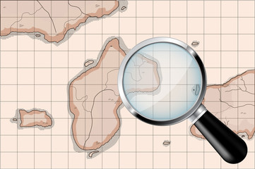 Old map imitation with transparent magnifying glass