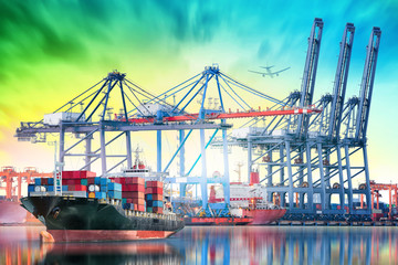 Logistics and transportation of International Container Cargo ship and Cargo plane with working crane bridge in seaport for logistic import export background and transport industry.