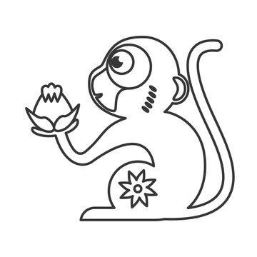flat design single monkey holding lotus flowericon vector illustration