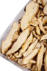 Dried Mushrooms Isolated on white background. Selective focus.