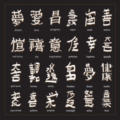 vector set :kanji with translation - obrazy, fototapety, plakaty