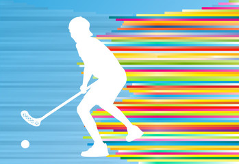 Floorball player man silhouette hockey with stick and ball illus
