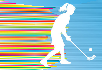 Floorball player woman silhouette hockey with stick and ball ill