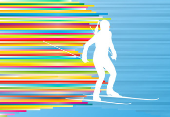 Fototapeta na wymiar Skiing woman abstract vector illustration with colorful stripes