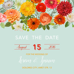 Save the Date Wedding Card. Summer and Autumn Flowers. Vector Flowers