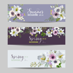 Lily and Anemone Flowers Floral Banners and Tags Set - in vector
