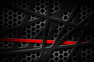 gray and red metal frame on black grille background.