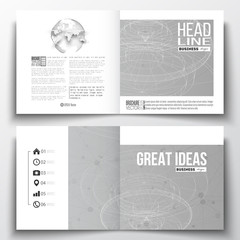 Vector set of square design brochure template. Molecular construction with connected lines and dots, scientific pattern on gray background
