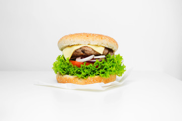 Burger on a white parchment on a white background
