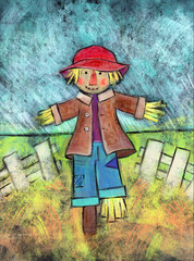 Cute Scarecrow - Acrylic painting of a scarecrow standing in a field with a white fence behind him.