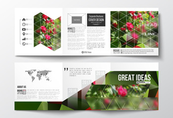Set of tri-fold brochures, square design templates. Colorful polygonal floral background, blurred image, red flowers on green, modern triangular texture