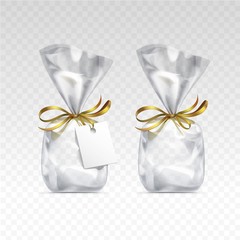 Empty Transparent Plastic Bag Packaging Blank White Label Isolated Background