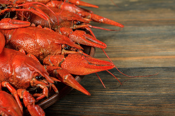 Boiled crawfish on wood background