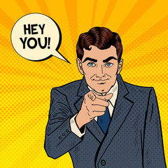 Successful Businessman Pointing Finger at You. Pop Art Vector illustration
