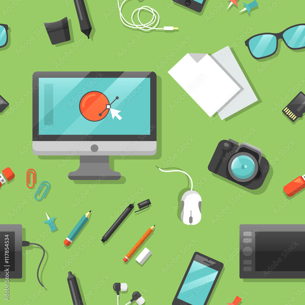 Poster graphic design seamless pattern with computer and digital tools.