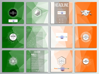 Set of 12 creative cards, square brochure template design. Background for Happy Indian Independence Day celebration with Ashoka wheel and national flag colors, vector illustration