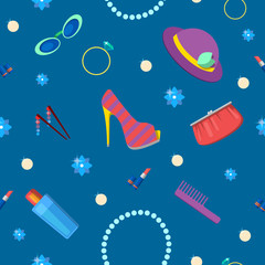 Woman Fashion Seamless Pattern with Cosmetics, Accessories and Clothing