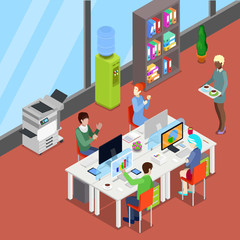 Isometric Office Open Space with Workers and Computers. Vector illustration