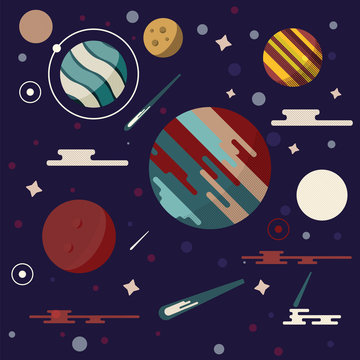 Planets in space vector illustration. Abstract planets icon in flat style. Planets galaxy on dark background. Comets, stars, meteors and other universe symbols. 
