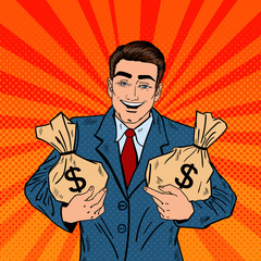 Smiling Businessman Holding Money Bags. Pop Art Vector illustration